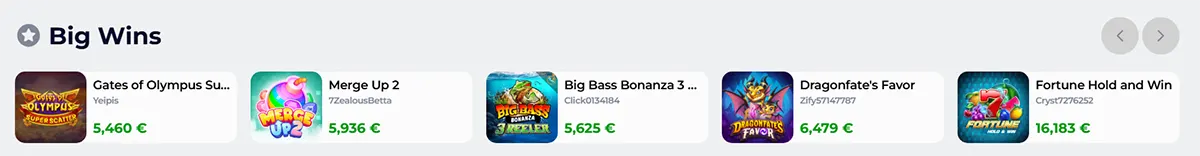 A Big Wins strip showing recent payouts from games like Gates of Olympus, Merge Up 2, Big Bass Bonanza 3, Dragonfate’s Favor, and Fortune Hold and Win, with amounts up to €16,183.